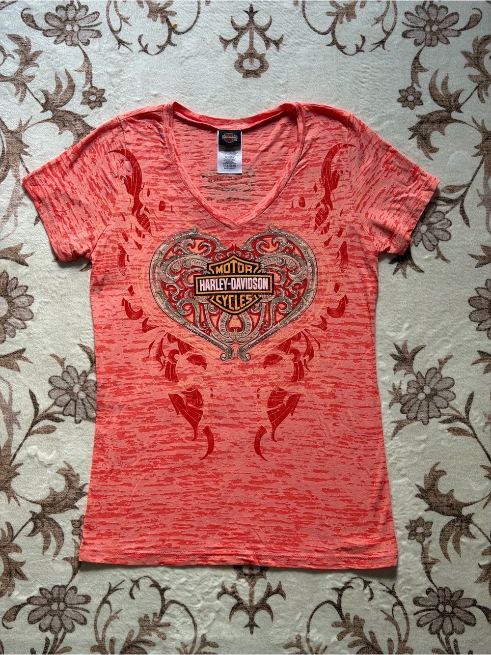 Coral-orange Harley-Davidson burnout V-neck t-shirt